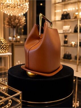 Chic Camel Brown Bucket Bag w/ Gold Handle & Crossbody Strap